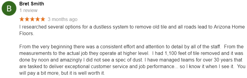 Bret Smith Google Review No Dust