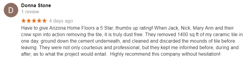 Donna Stone Google Review of AZ Home Floors
